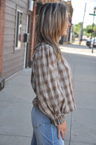 Ruffle Detail Button Down Plaid Top