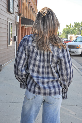 Ruffle Detail Button Down Plaid Top