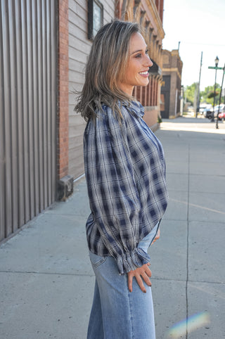 Ruffle Detail Button Down Plaid Top