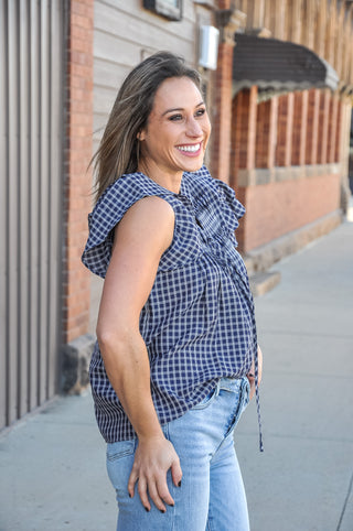 Ruffle Sleeve Pintuck Woven Gingham Top