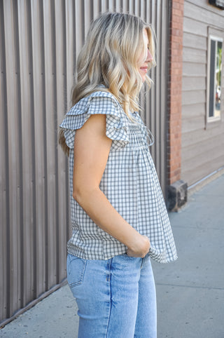 Ruffle Sleeve Pintuck Woven Gingham Top