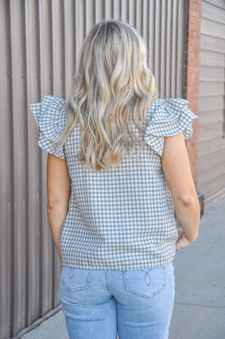 Ruffle Sleeve Pintuck Woven Gingham Top