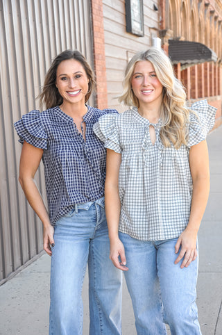 Ruffle Sleeve Pintuck Woven Gingham Top