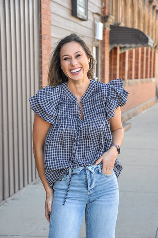 Ruffle Sleeve Pintuck Woven Gingham Top