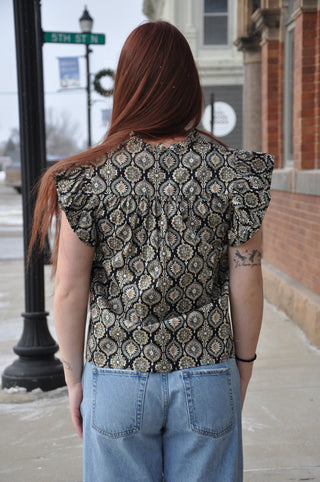 Ruffle Sleeve Smocked Detail Print Top