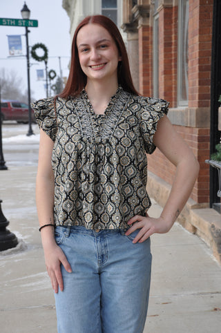 Ruffle Sleeve Smocked Detail Print Top