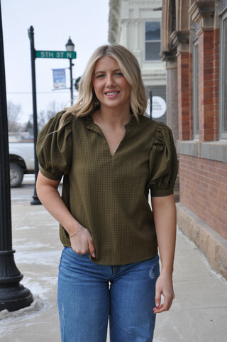 Ruffle V-Neck Puff Sleeve Top