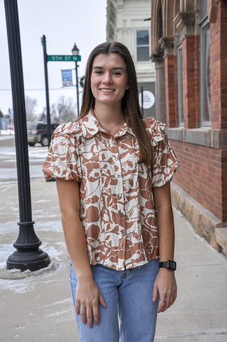 Ruffled Button Down Printed Top