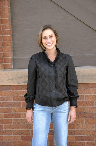Ruffled Lace Trim Button Down Top