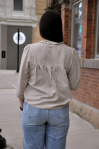 Ruffled Neckline Button Down Stripe Top