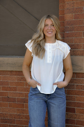 Ruffled Yoke SS Henley Blouse