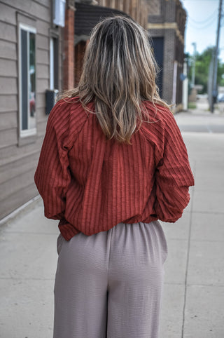 Rust Textured Tie-Neck Balloon Sleeve Raglan Blouse