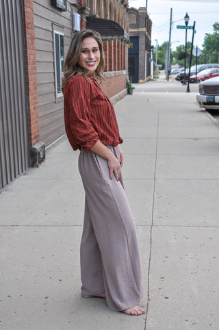 Rust Textured Tie-Neck Balloon Sleeve Raglan Blouse
