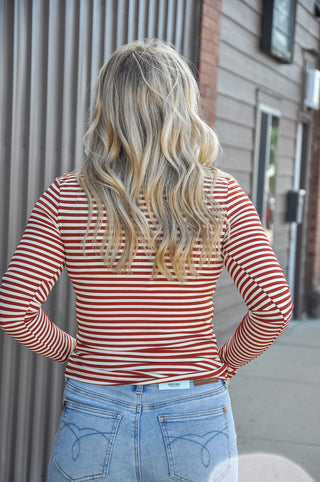 Rust & Cream Stripe Turtleneck Knit Top