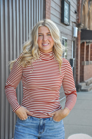 Rust & Cream Stripe Turtleneck Knit Top