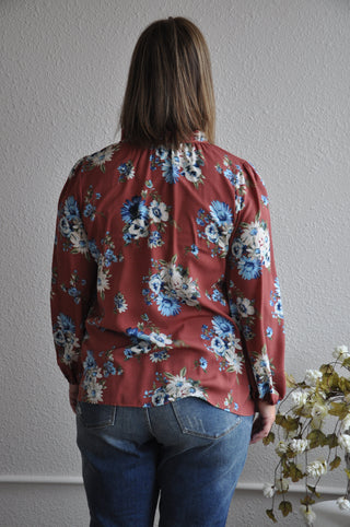 Rusty Floral Drawstring Neck Top