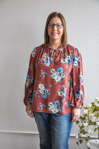 Rusty Floral Drawstring Neck Top