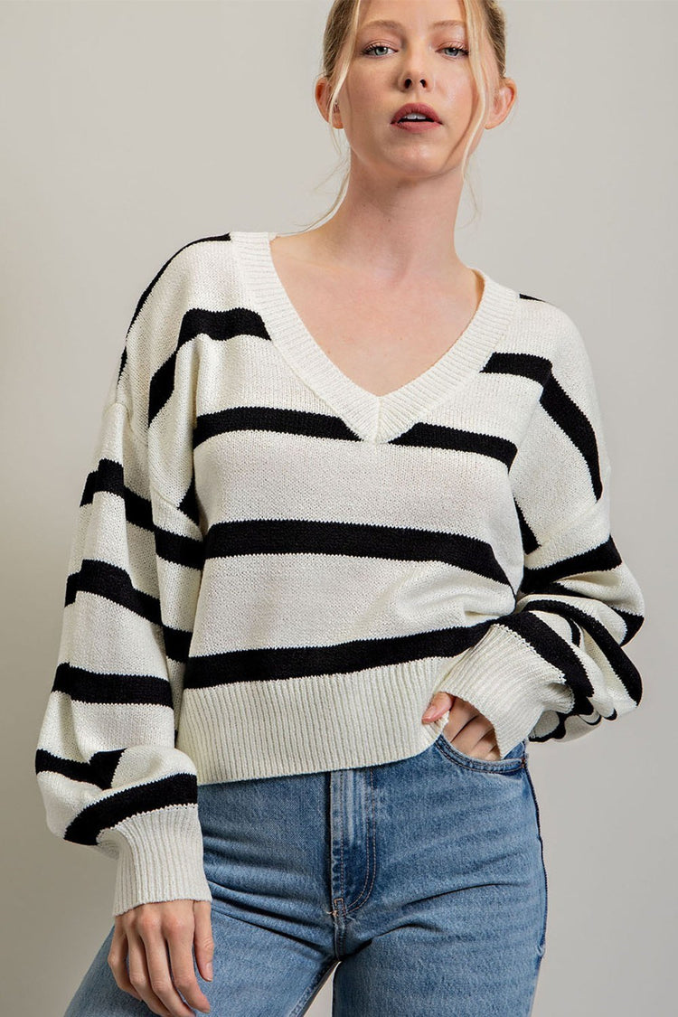 Black and White Stripe Basic Sweater | JQ Clothing Co.