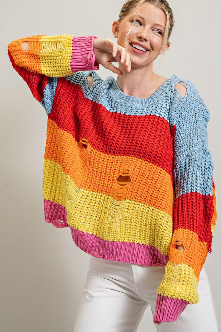 Rainbow Stripes Distressed Knit Sweater | JQ Clothing Co.