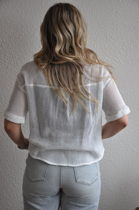 Short Sleeve Sheer Knit Button-Up Shirt