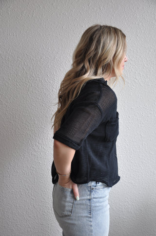 Short Sleeve Sheer Knit Button-Up Shirt