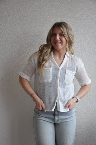 Short Sleeve Sheer Knit Button-Up Shirt