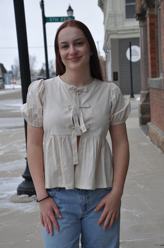 SS Woven Blouse w/Front Bow Tie