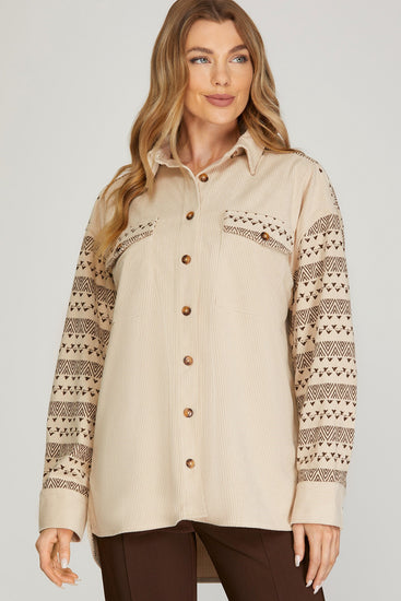 Sleeve Printed Taupe Shacket | JQ Clothing Co.