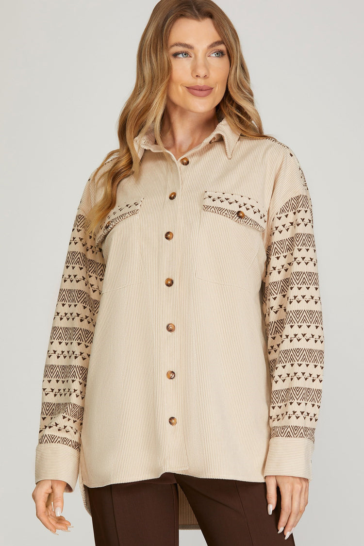 Sleeve Printed Taupe Shacket | JQ Clothing Co.