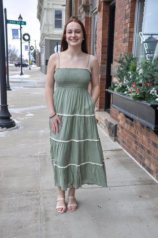 Sage Green Smocked Tiered Maxi Dress