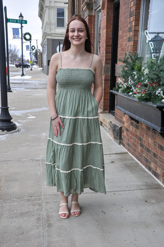 Sage Green Smocked Tiered Maxi Dress