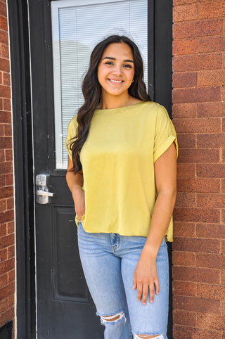 Satin Crinkle Short Sleeve Top