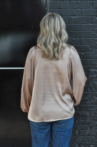 Satin Drape Neck Long Sleeve Blouse