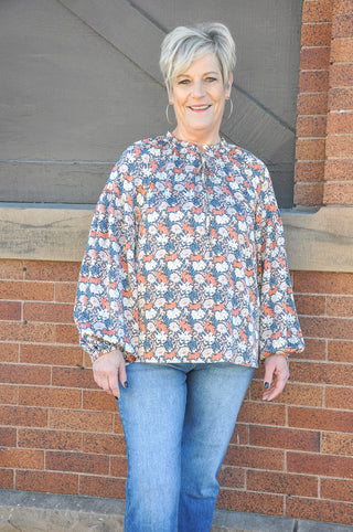 Satin Floral Peasant Blouse