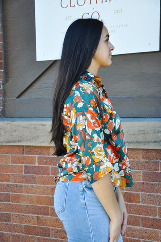 Satin Flower 3/4 Wide Sleeves Top