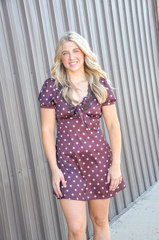 Satin Polka Dot Lace Trim Puff Sleeve Mini Dress