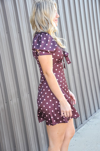 Satin Polka Dot Lace Trim Puff Sleeve Mini Dress