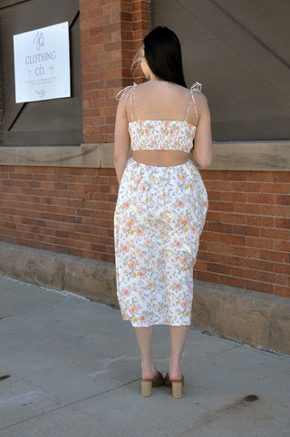 Scallop Edge Tie Shoulder Midi Dress