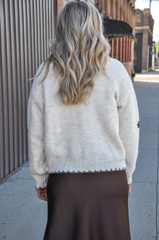 Scalloped Edge Floral Embr Sweater