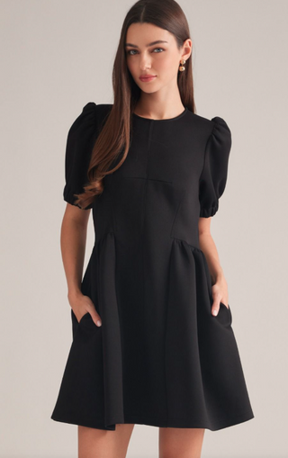 Black Puff Sleeve Gathered Mini Dress w/Pockets