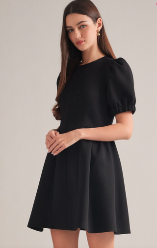 Black Puff Sleeve Gathered Mini Dress w/Pockets