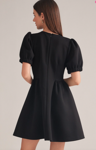 Black Puff Sleeve Gathered Mini Dress w/Pockets