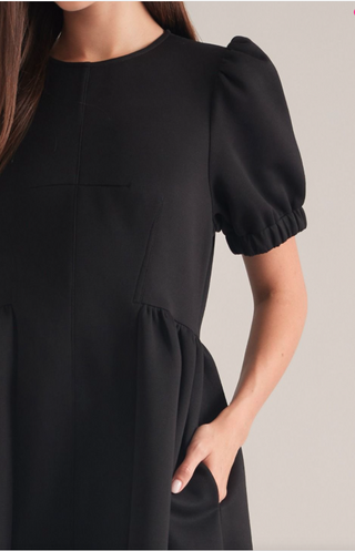 Black Puff Sleeve Gathered Mini Dress w/Pockets