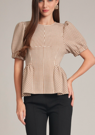 Camel Gingham Puff Sleeve Peplum Knit Top