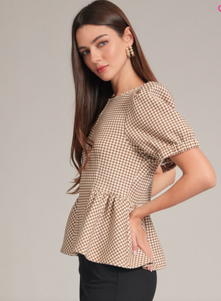 Camel Gingham Puff Sleeve Peplum Knit Top