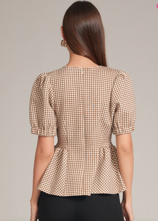 Camel Gingham Puff Sleeve Peplum Knit Top