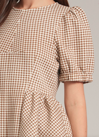 Camel Gingham Puff Sleeve Peplum Knit Top