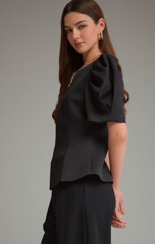 Black Pleated Front Puff Sleeve Woven Top