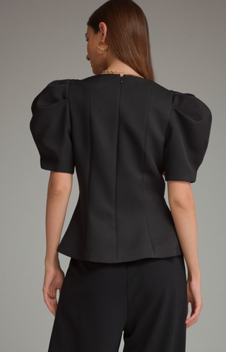 Black Pleated Front Puff Sleeve Woven Top