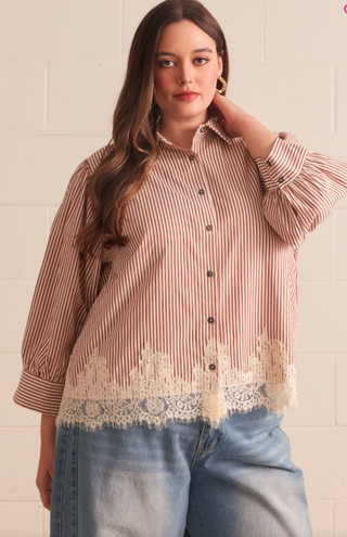 Curvy Striped Lace Trim Button Down Top